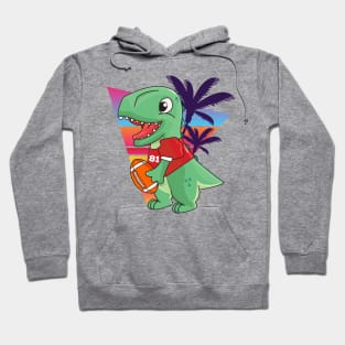 Cute green dinosaur playing American football, retro and palms background Hoodie